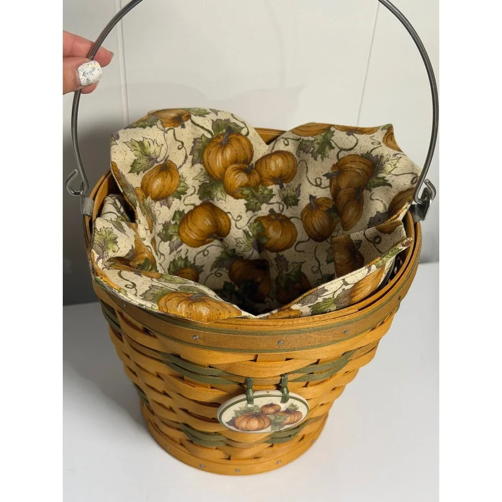VTG Longaberger Autumn Pail Basket Sage Green 2002 Pumpkin Liner Tie-On Woven